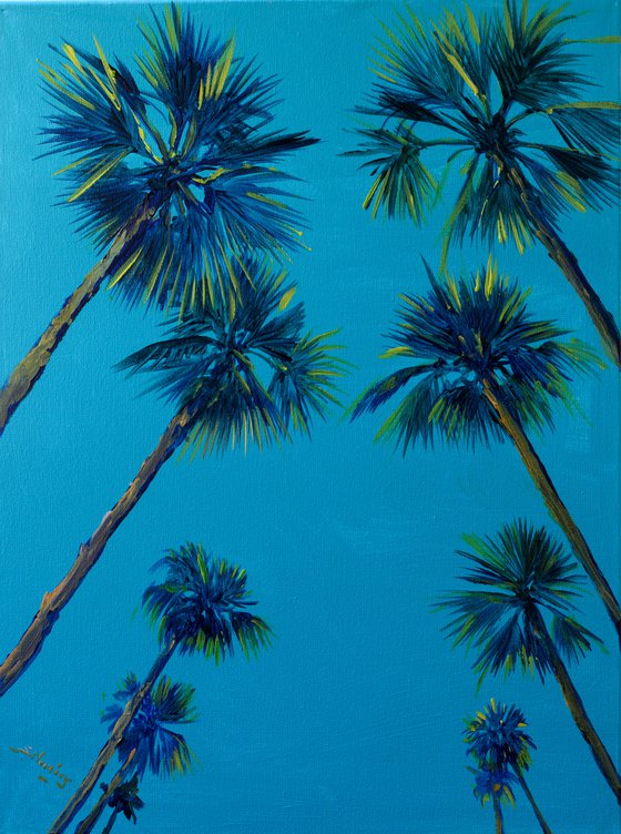 Palm Trees on the road, on Turquoise Background