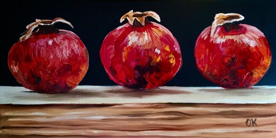 Still life with three Pomegranates fruits still life original oil painting on canvas wall decor