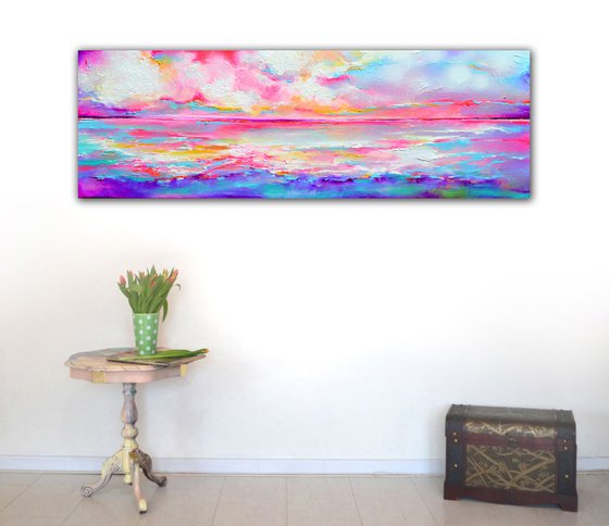 New Horizon 161 - 120x40 cm, Colourful Sunset Painting, Impressionistic Large Modern Ready to Hang Abstract Landscape, Pink Sunset, Sunrise, Ocean Shore
