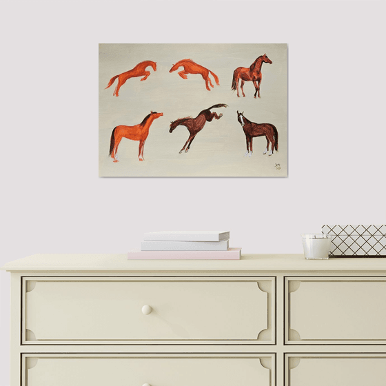 Six chestnut minimalist horses in motion