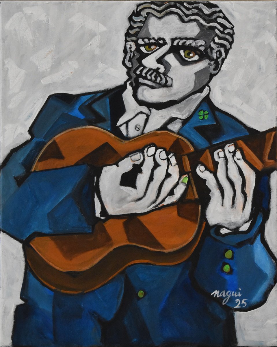 Expressive Portrait Acrylic Painting By Nagui, 16 X 20", Guitarist With Shamrock, Original Artwork