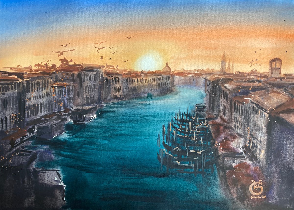Impressionistic Landscape Watercolour By Valeria Golovenkina, 22 X 15", Sun Over The Roofs Of Venice, Original Artwork