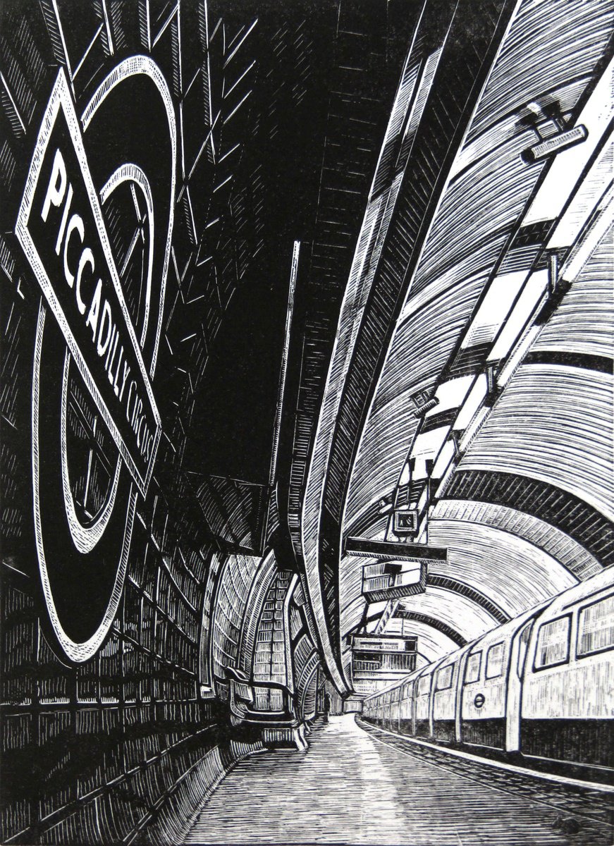 Cityscapes Etchings & Engravings By Rebecca Coleman, 12 X 14", Subterranea: Piccadilly Circus, Original Artwork
