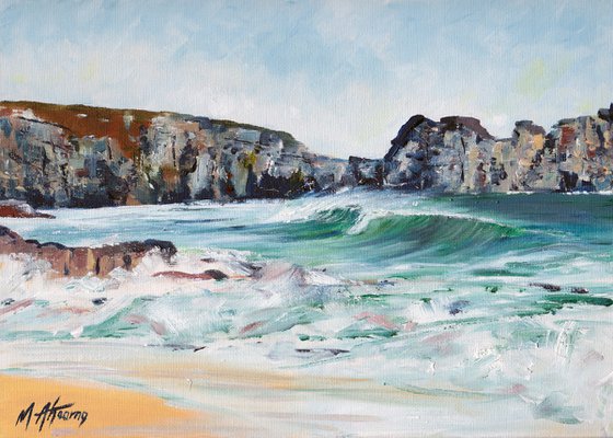 Porthcurno Beach, Cornwall. An Original Oil Painting on Canvas Board