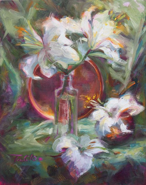 Be Still - still life with Casablanca lilies and copper by Talya Johnson