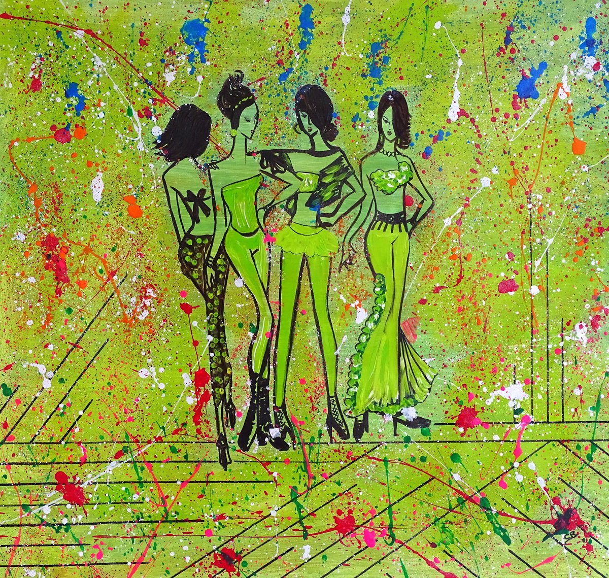 Acrylic Painting , Ladies In A Flowerfield By Cb., 24 X 25, Artwork For Sale On Artfinder