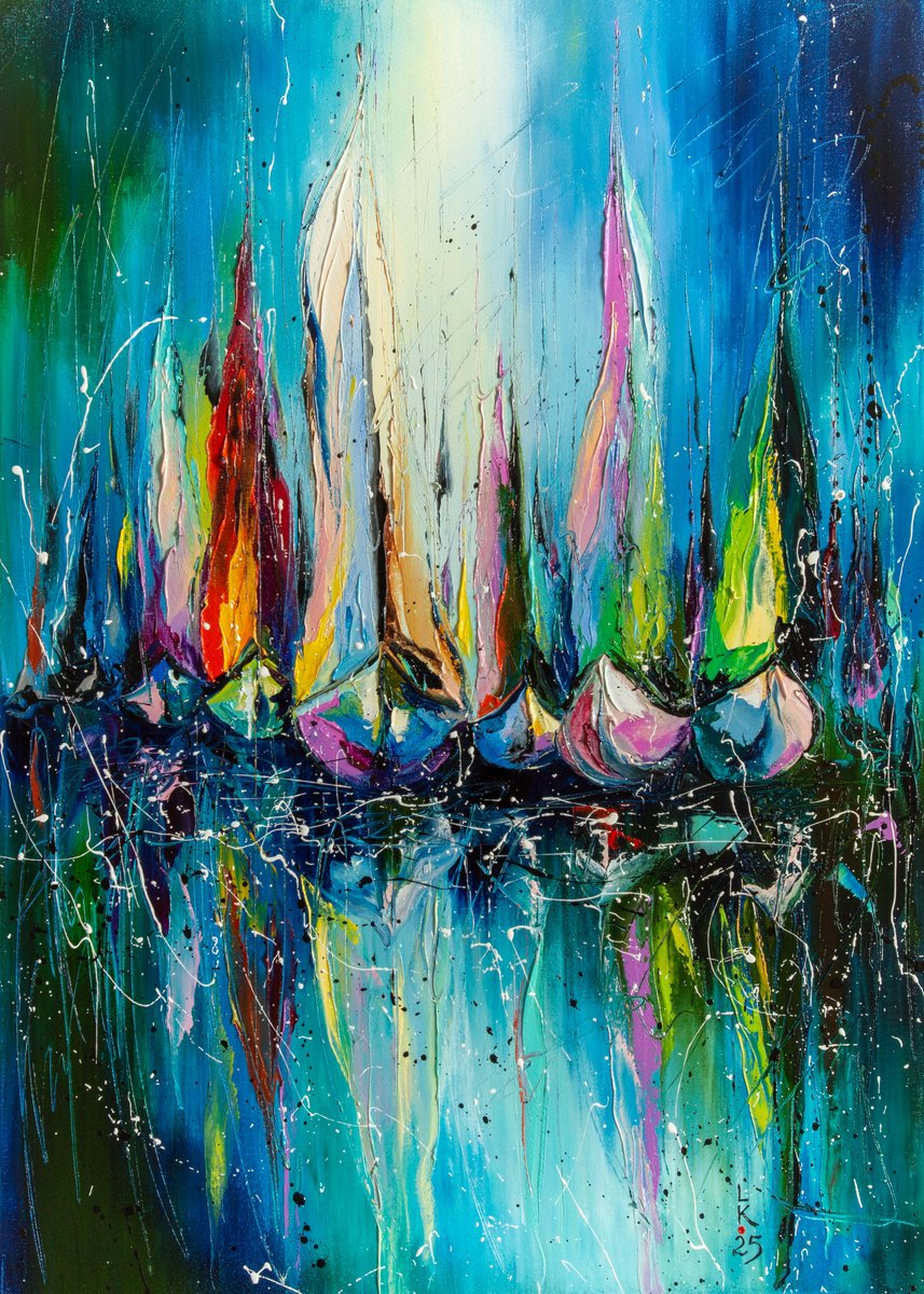 Abstract Landscape Oil Painting By Liubov Kuptsova, 20 X 28", Sails Of Imagination, Original Artwork