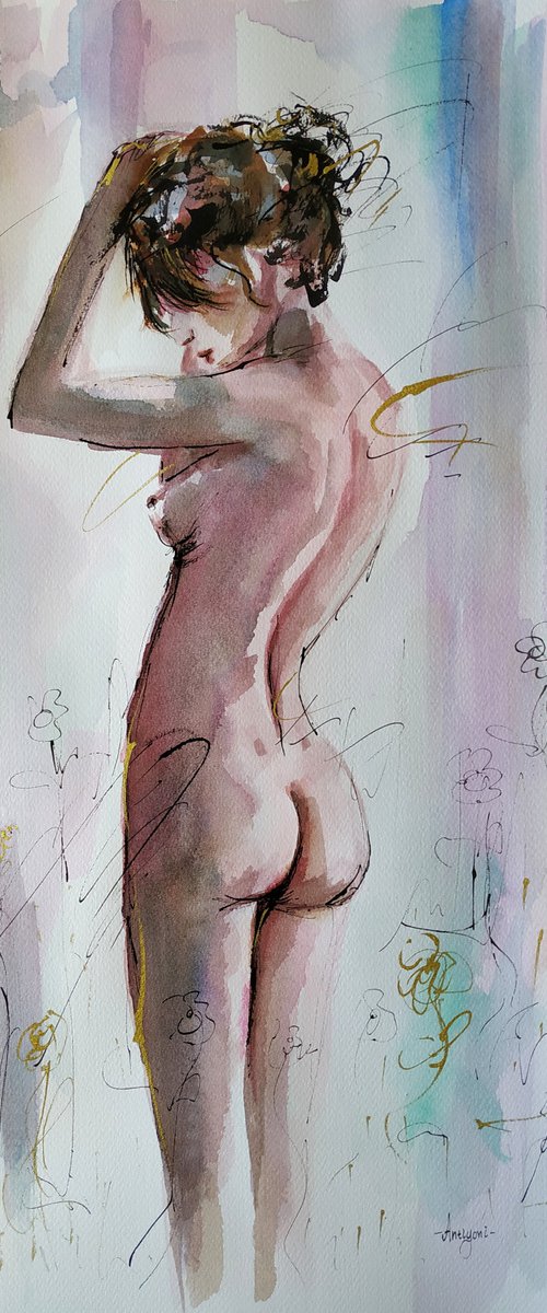 Mystery and Mist- Nude Woman Painting on Paper by Antigoni Tziora
