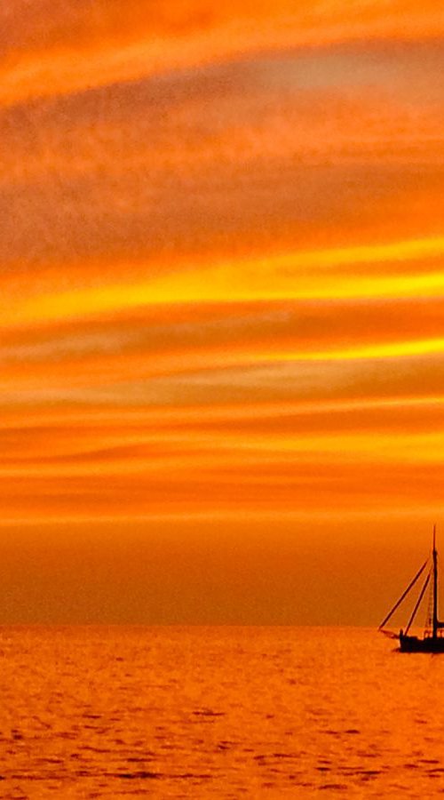 SUNSET AT THE SEA WITH A BOAT by Hana Auerova