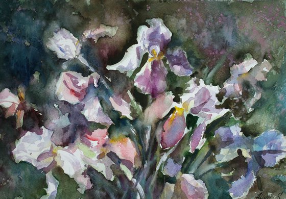 Original watercolor hand painting, Bouquet of irises
