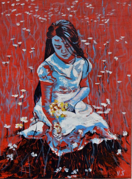 Girl in a field with flowers. 30x40cm.