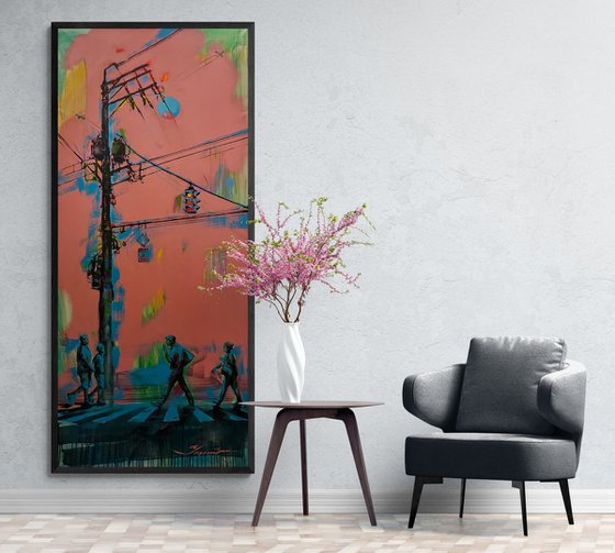 Huge XXL Painting - "Pink city" - Cityscape - Urban Art - Pop Art - People - Street scene