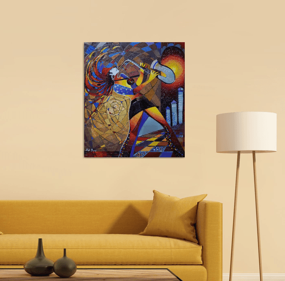 Saxophonist  (70x60cm, oil painting, modern art, ready to hang, music painting)