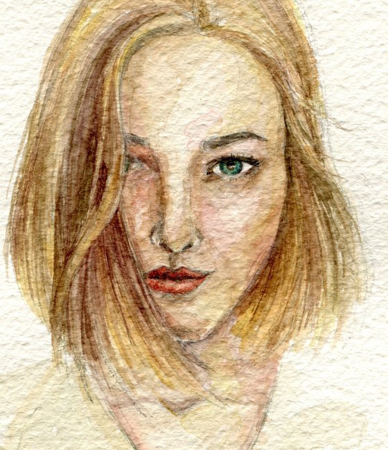 Watercolor blond girl with red lips