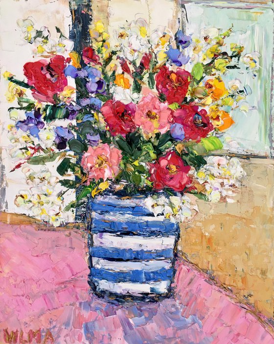 Striped vase with flowers