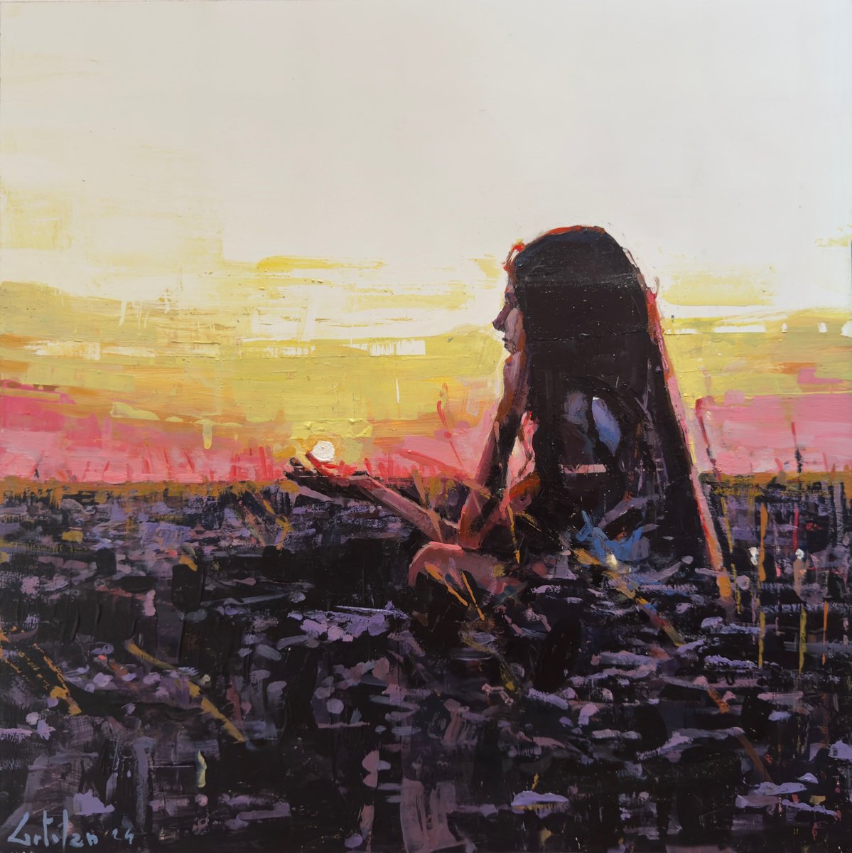 Impressionistic Landscape Oil Painting By Marco Ortolan, 17 X 17", The Girl And The Sun, Original Artwork