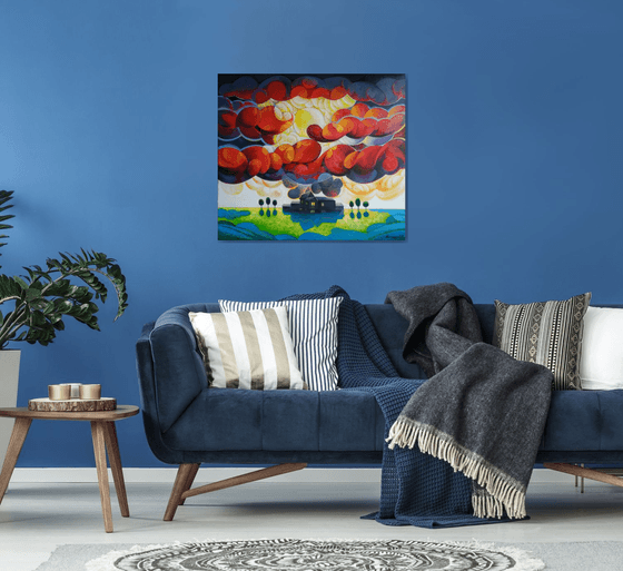 Sunset (80x90cm, cubism, oil painting, ready to hang)