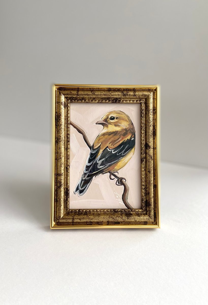 Bird painting mini art framed 16x12cm cute mini art by Leysan Khasanova