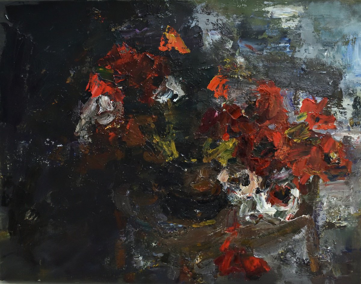 Expressive Botanical Oil Painting By Stanislava Cherkasova, 35 X 28", Poppy, Original Artwork