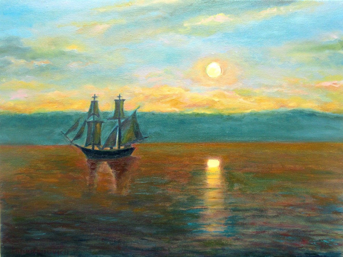 Impressionistic Landscape Oil Painting By Katia Ricci, 16 X 12", Ship By Night, Original Artwork