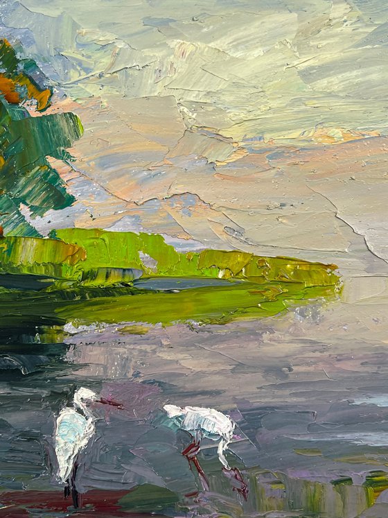 Storks by the Pond