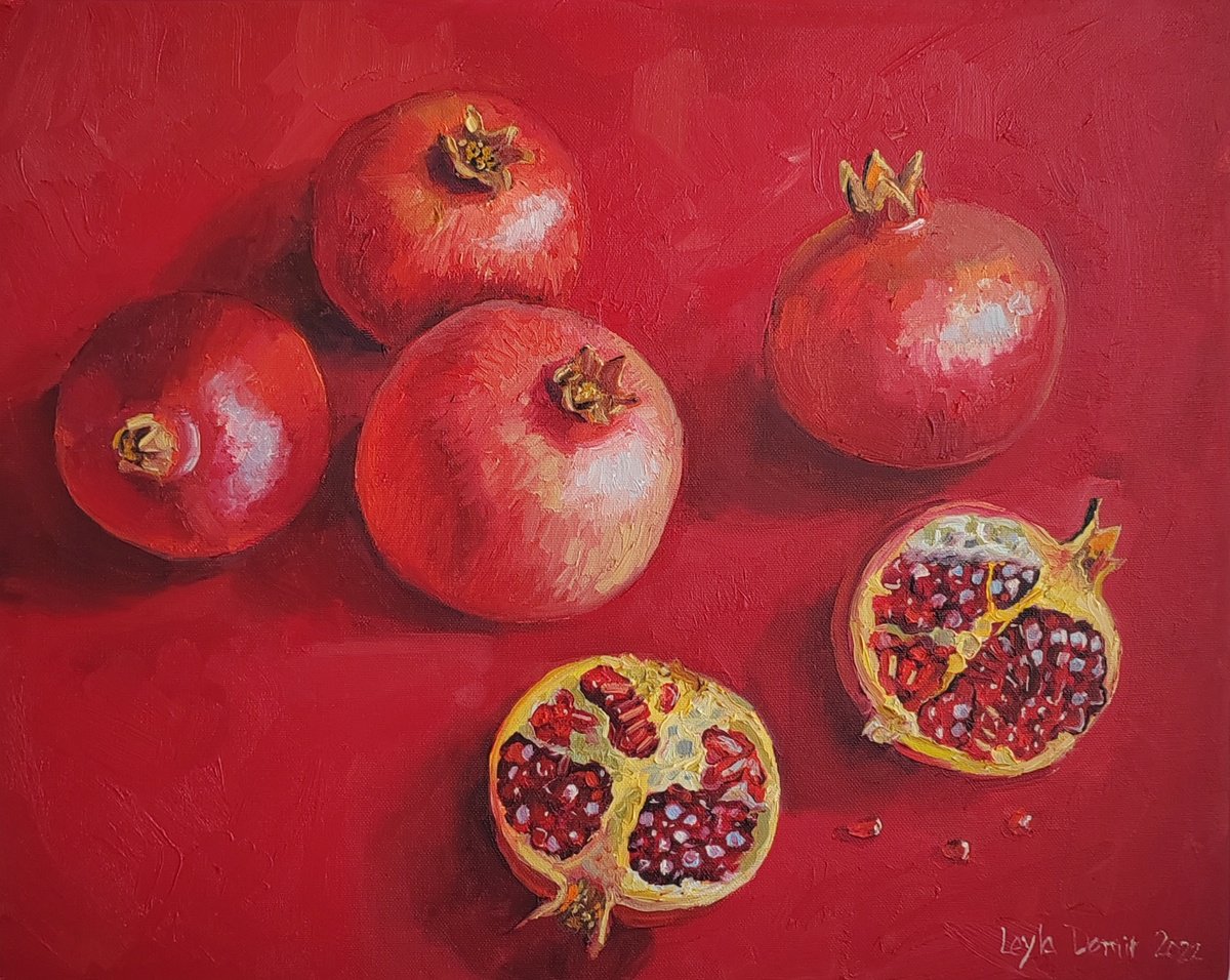 Impressionistic Still Life Oil Painting By Leyla Demir, 20 X 16", Pomegranate On Red, Original Artwork