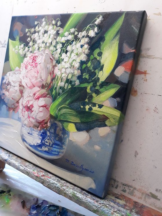 Lily of the valley and peonies flowers in the summer shine, Floral painting on canvas