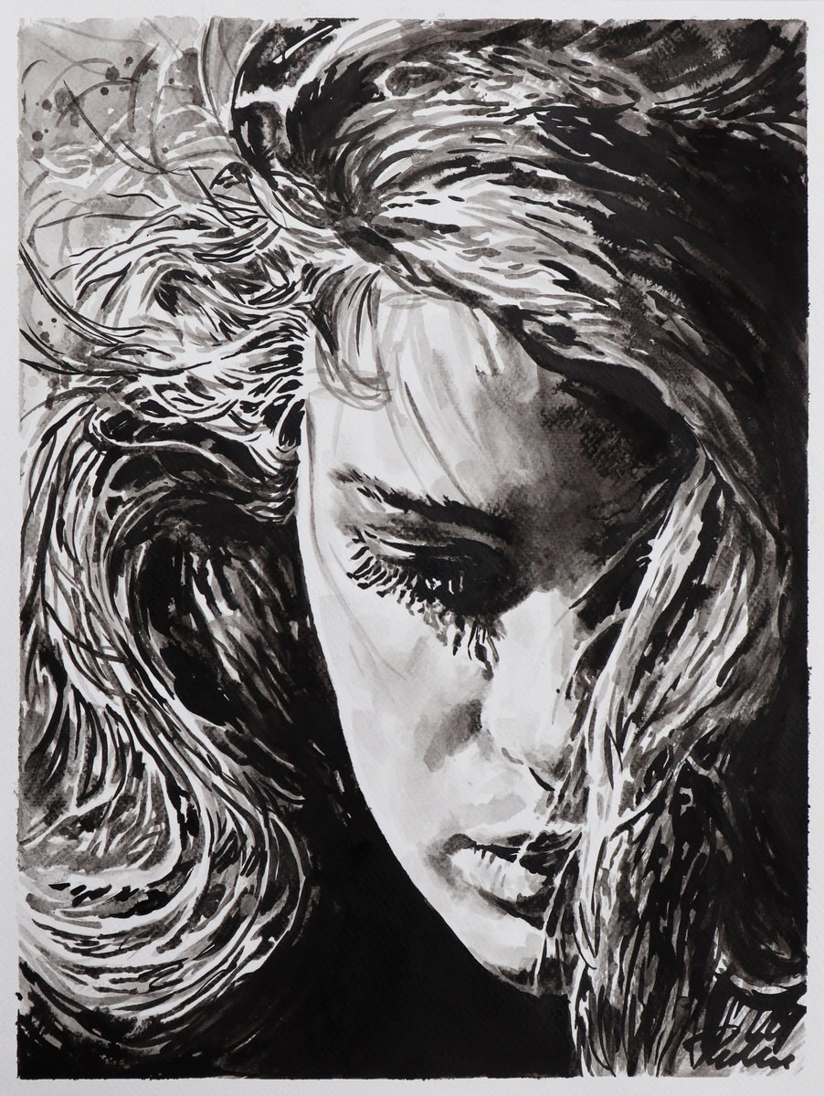 Urban And Pop Portrait Ink Drawing By Tashe, 12 X 16", Burning Through The Storm, Original Artwork