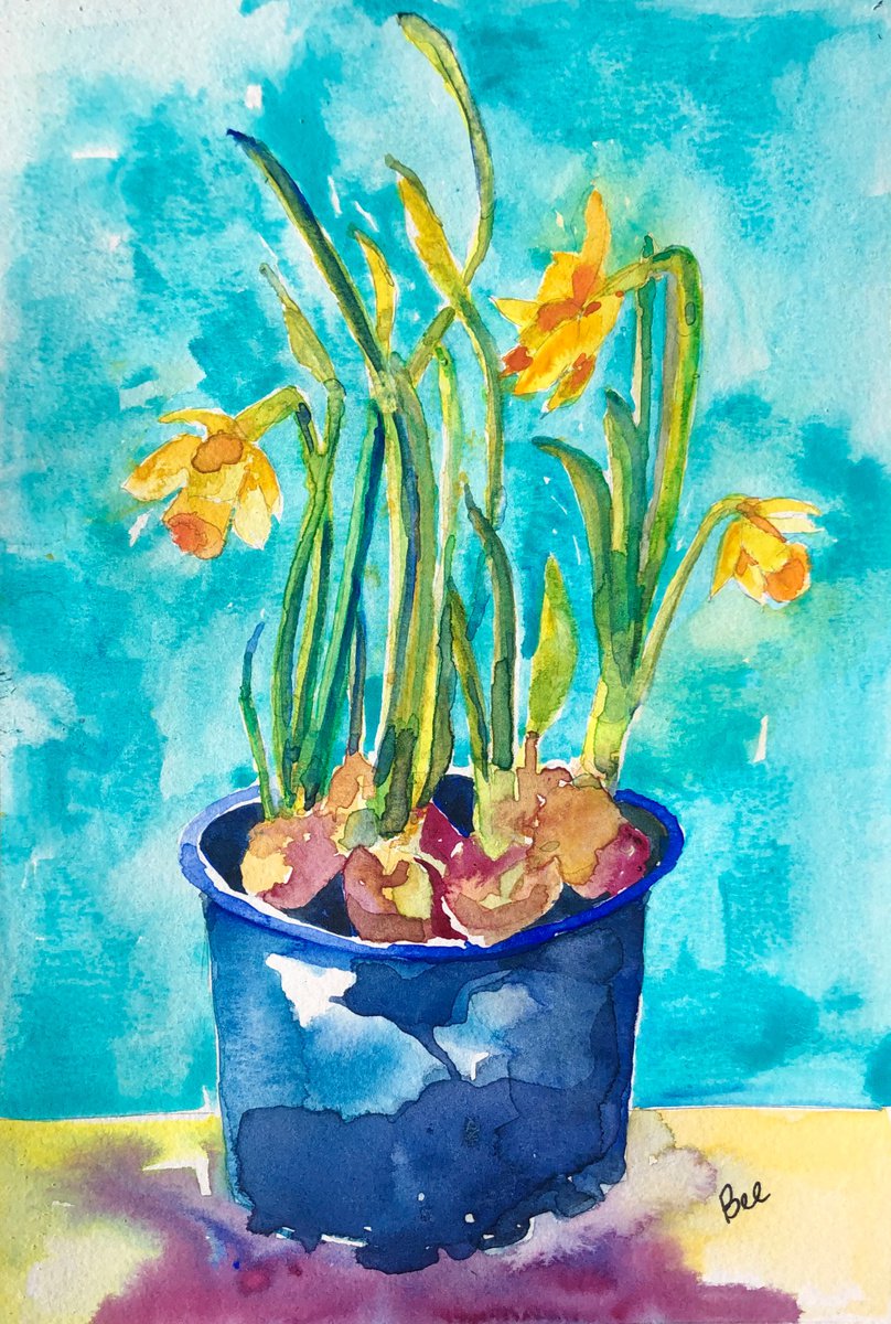 Daffodils in a Blue Pot by Bee Inch