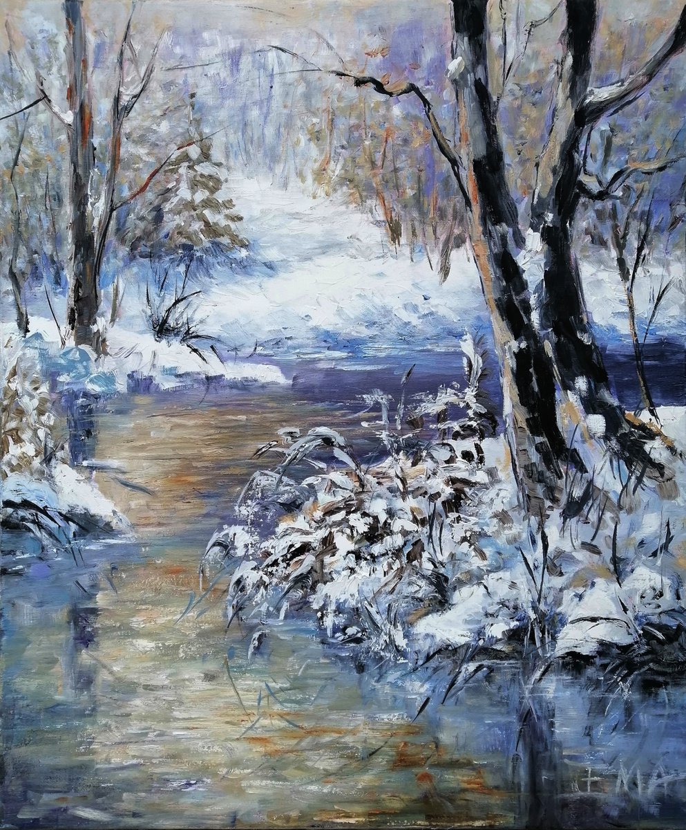 WINTER LIGHT, 50x60cm, snow forest trees river landscape by Emilia Milcheva