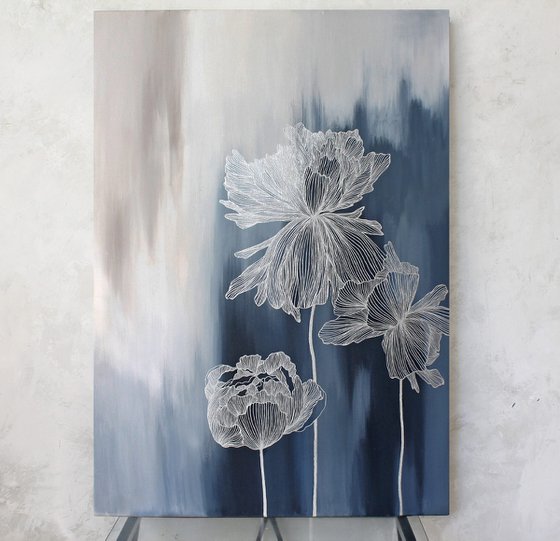 "Thinness 4" Abstract navy silver flowers art