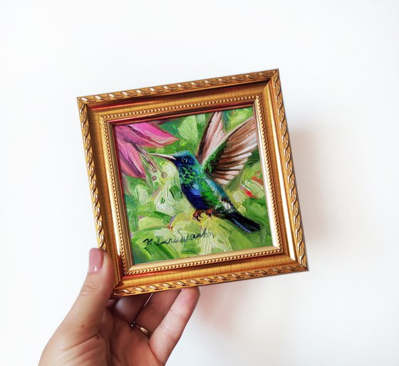 Small artwork Hummingbird art painting original 4x4, Chartreuse art bird Nature lover gift, Teacher appreciation gift
