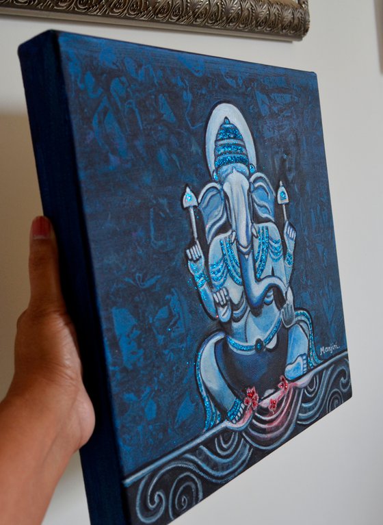 Vignaharta Ganesha blue Hindu God textured gift art on canvas
