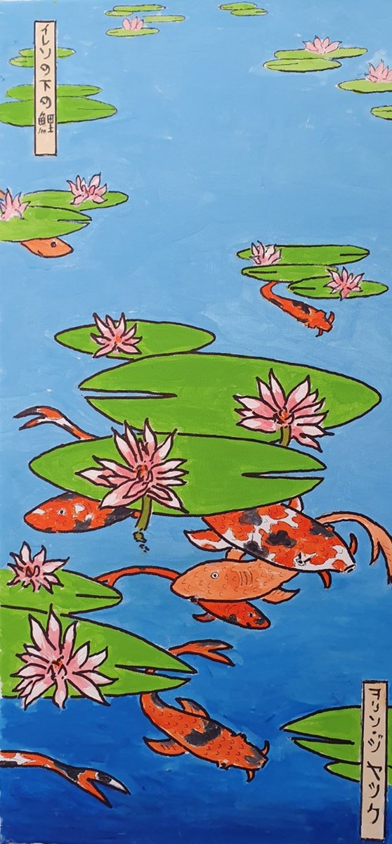 Animal Acrylic Painting By Colin Ross Jack, 12 X 24, Carps And Waterlilies, Original Artwork