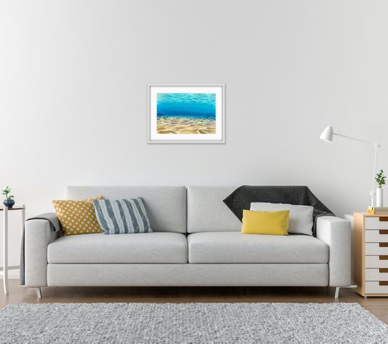 Reflection of the sun and waves on the sandy seabed. Bright summer watercolor. Original artwork.