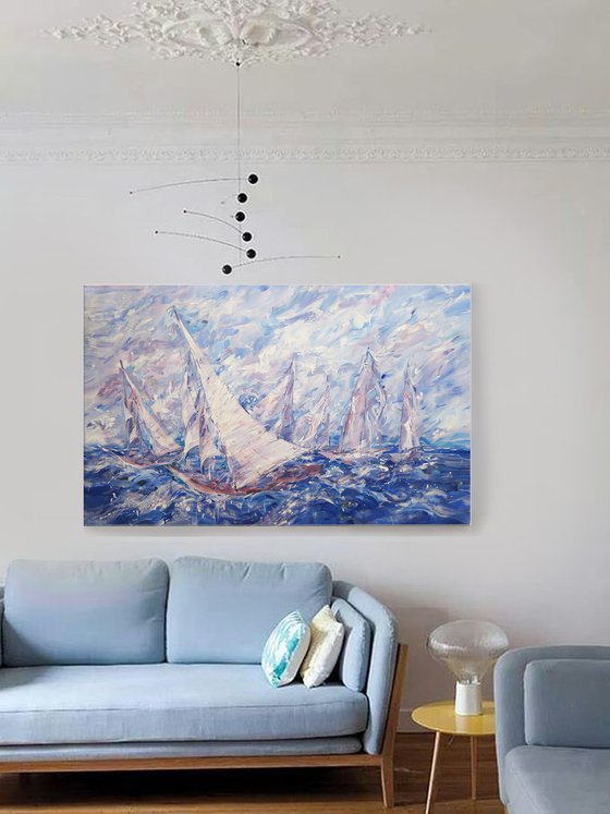 Large  acrylic  painting 160x100 cm unstretched canvas "Regatta" i032 original artwork by artist Airinlea