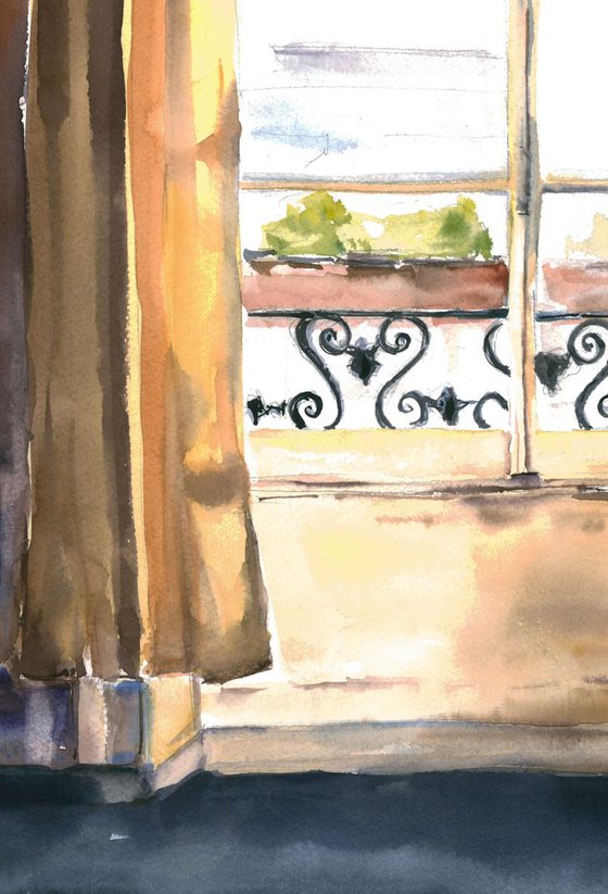 Window in Paris. Original watercolor. France impressionism light morning cozy interior old house impression decor interior