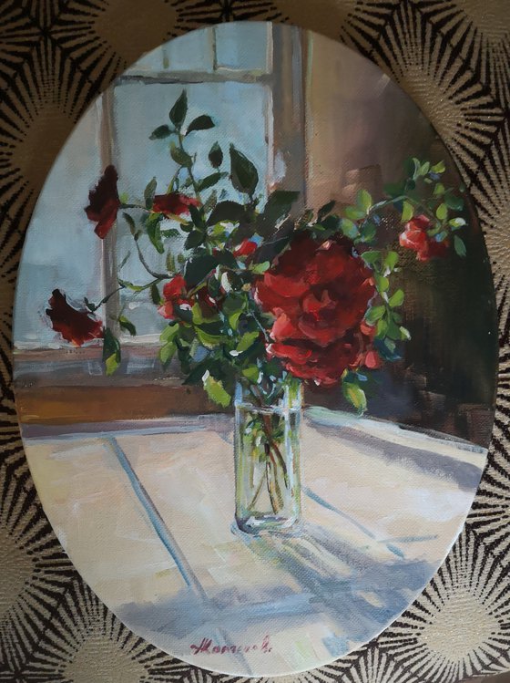 Wild roses by the window (9x12" oval canvas)