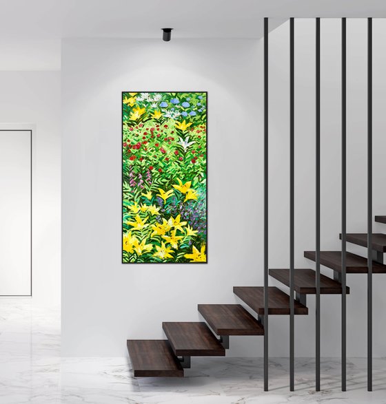 Large abstract flowers painting on canvas, garden floral