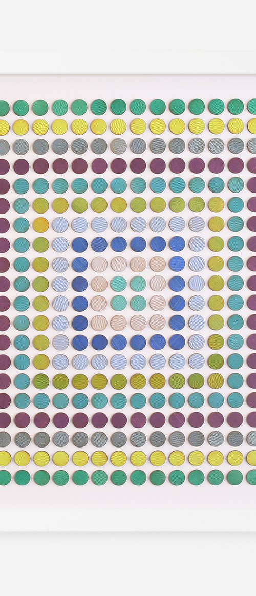 Abstract art wood dot collage 'concentric square of dots' by Amelia Coward