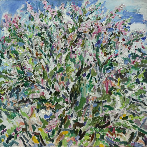 CHINESE APPLE TREE ON A SUNNY DAY - Landscape, floral art, plants and trees, green, ecology, flowering blooming bloomy bush, tree, plant,  large original oil painting