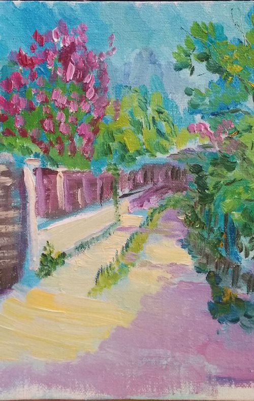 Sunny Flowering Street in the Village Plein Air Painting by Dmitry Fedorov