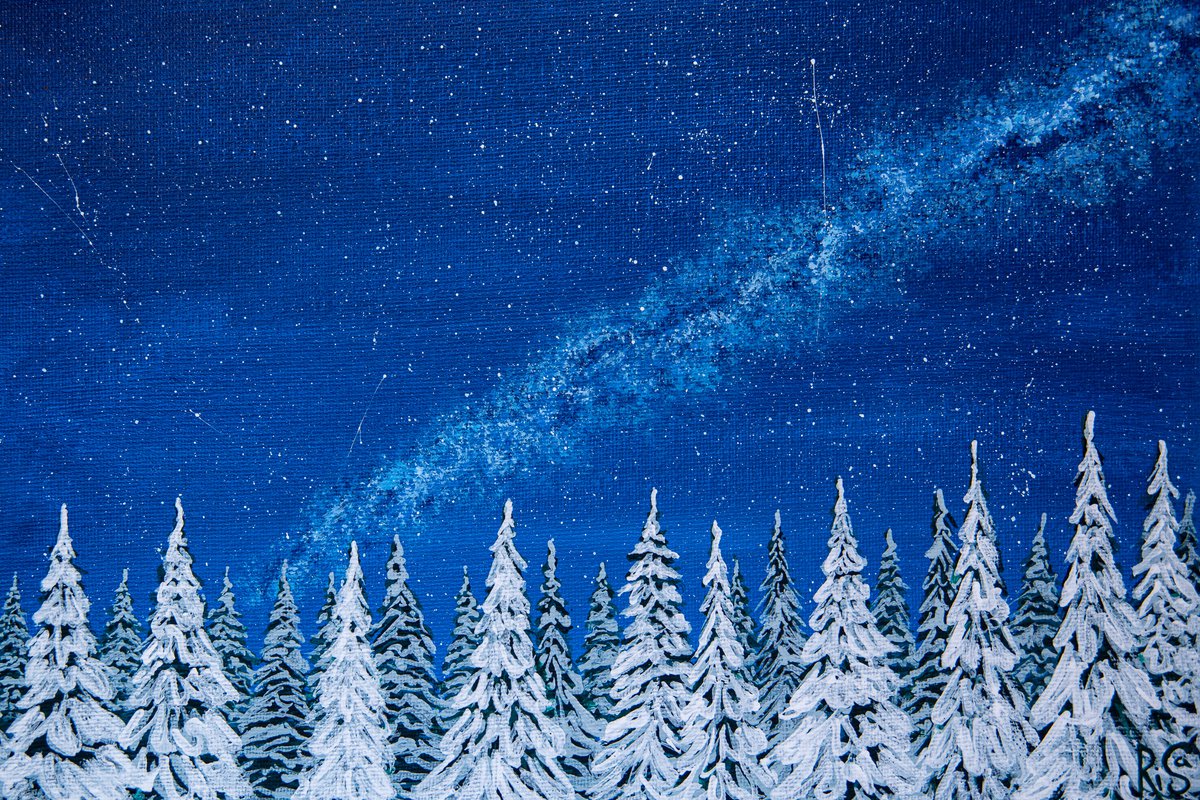 WINTER FIR TREES - small forest landscape, snowy trees, milky way by Rimma Savina