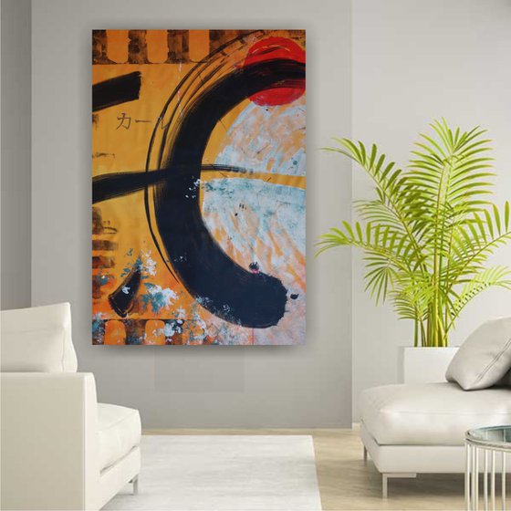 Enso orange abstrat painting 110×160 cm acrylic on unstretched canvas art J067 original artwork in japanese style