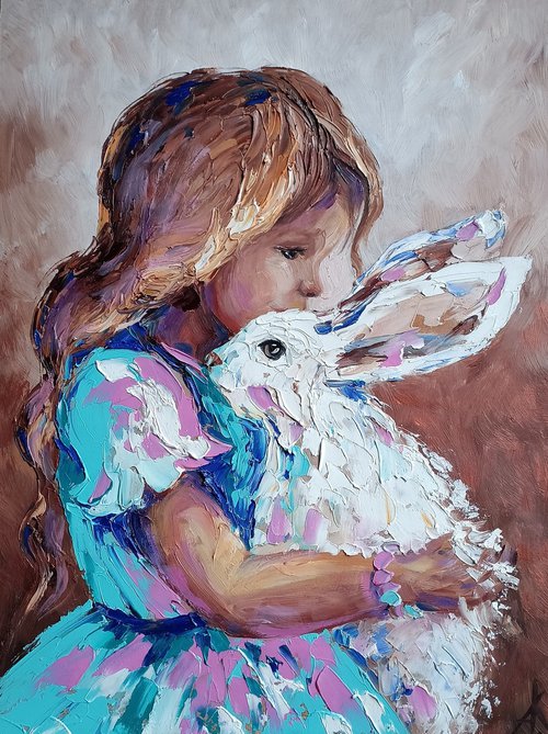 Little girl - childhood, child, oil painting, kids, girl, cat, for childs room, for kids, happy childhood, children by Anastasia Kozorez