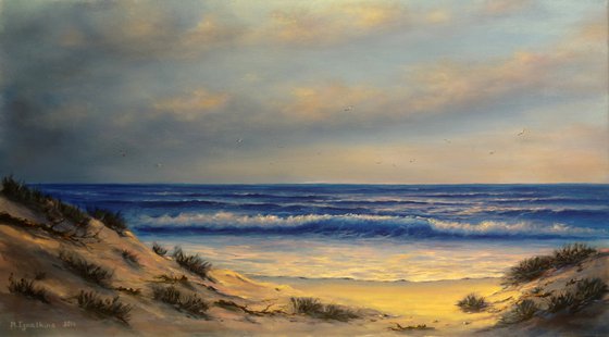 Wild Beach - seascape painting, coastal art, sunset, wave, sand