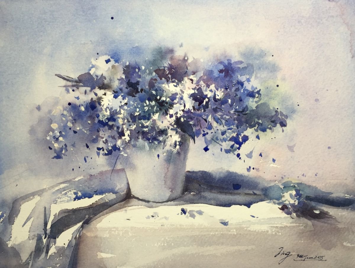 Impressionistic Botanical Watercolour By Jing Chen, 15 X 11, Blues 2, Original Artwork