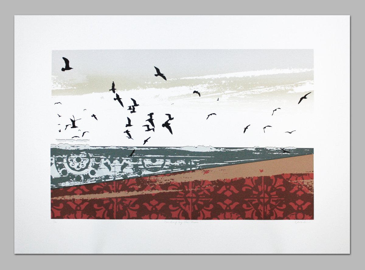 Impressionistic Landscape Screenprint By Kath Edwards, 28 X 20", Standing At The Shore, Original Artwork