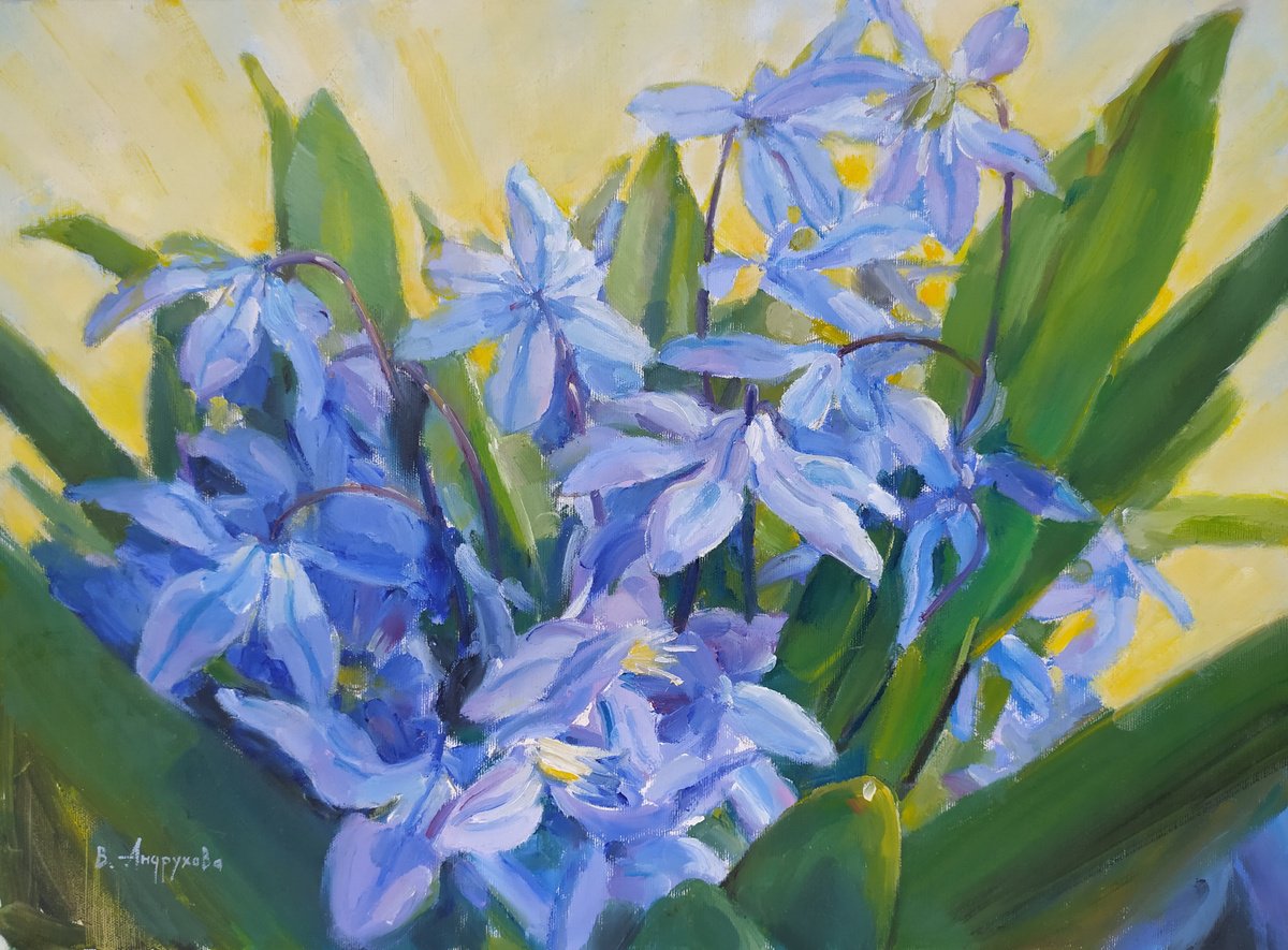 Impressionistic Botanical Oil Painting By Valentina Andrukhova, 22 X 16", Snowdrops, Original Artwork