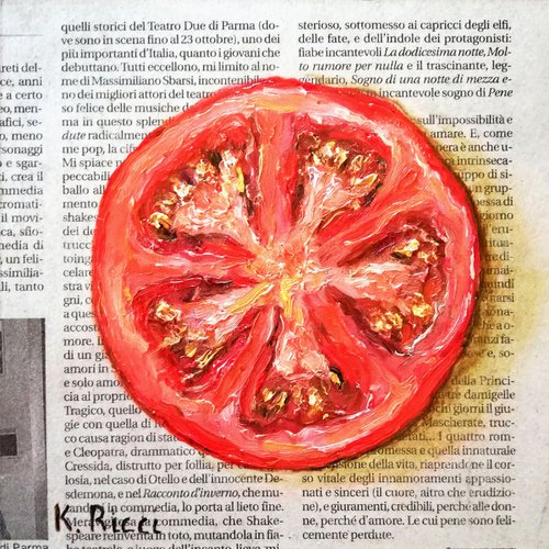 "Tomato on Newspaper" Original Oil on Wooden Hardboard Painting 6 by 6 inches (15x15 cm) by Katia Ricci